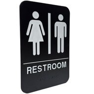 Custom Black And White Plastic Sign With Man And Woman Icon Together Above Restroom Text And Corresponding Braille