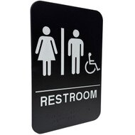 Custom Black And White Plastic Sign With Man And Woman And Wheelchair Icons Above Restroom Text And Braille