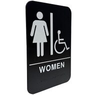 Custom Black And White Plastic Sign With Women And Wheelchair Icons Above Women Text And Corresponding Braille