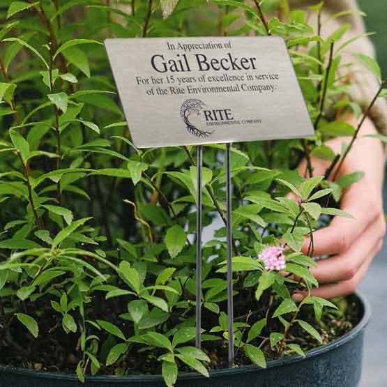 Custom Stainless Steel Garden Sign Engraved with your Logo and Text in a Potted Plant.